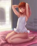  abubu armpits brown_eyes brown_hair commentary_request dress full_body indoors looking_at_viewer original short_hair solo white_dress 