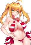  :q ahoge bare_arms bare_shoulders bikini blonde_hair blush breasts closed_mouth covered_nipples cowboy_shot criss-cross_halter earrings fate/grand_order fate_(series) green_eyes hair_intakes halterneck hand_on_hip huge_breasts jewelry legs_together long_hair looking_at_viewer navel nero_claudius_(fate)_(all) nero_claudius_(swimsuit_caster)_(fate) osiimi puffy_nipples red_bikini side-tie_bikini simple_background smile solo striped striped_bikini swimsuit tongue tongue_out twintails white_background 