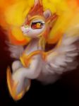  2018 black_background crown daybreaker_(mlp) equine eyelashes feathered_wings feathers female feral flaming_hair friendship_is_magic grin hair hooves horn long_hair looking_at_viewer mammal my_little_pony nude oofycolorful portrait princess_celestia_(mlp) red_sclera simple_background slit_pupils smile solo spread_wings teeth white_feathers winged_unicorn wings yellow_eyes 