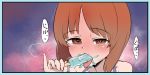 1girl aomushi_(mushamusha) brown_eyes brown_hair eyebrows_visible_through_hair food food_on_face girls_und_panzer heart-shaped_pupils highres holding nishizumi_miho popsicle pupils sexually_suggestive short_hair simple_background steam symbol-shaped tongue tongue_out 