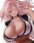  amputee baiken black_kimono breasts cleavage collarbone commentary facial_tattoo guilty_gear guilty_gear_xrd highres holding holding_ribbon huge_breasts jako_(toyprn) japanese_clothes kataginu kimono multicolored multicolored_clothes multicolored_kimono obi one-eyed open_clothes open_kimono open_mouth pink_hair red_eyes ribbon samurai sash scar scar_across_eye tattoo white_kimono white_ribbon 