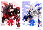  2girls akagi_(azur_lane) animal_ears artist_logo artist_name azur_lane bangs black_hair black_legwear blue_eyes blue_skirt blush breasts brown_hair character_name cleavage closed_mouth collarbone commentary commission english_commentary eyebrows_visible_through_hair fox_ears fox_tail gainoob gloves japanese_clothes kaga_(azur_lane) large_breasts long_hair looking_at_viewer mask multiple_girls multiple_tails multiple_views red_eyes red_skirt sample short_hair skirt smile tail watermark white_hair wide_sleeves 