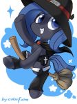  2017 bag blue_eyes blue_hair broom cape clothed clothing costume cute earth_pony english_text equine eyelashes fan_character female feral flying grin hair hat hooves horse legwear mammal my_little_pony oofycolorful pony portrait satchel signature simple_background smile solo teeth text white_background witch_hat 