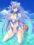  alternate_costume android blue_hair breasts calligraphy_brush_(medium) cleavage commentary_request cyborg forehead_protector graphite_(medium) groin kos-mos long_hair red_eyes solo swimsuit tomoyo_(artist) traditional_media xenosaga 