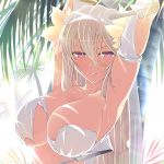  absurdres armpits arms_up blonde_hair breasts bridal_veil flower gloves hair_between_eyes hair_flower hair_ornament highres kunai large_breasts leo_(senran_kagura) long_hair looking_at_viewer official_art palm_tree parted_lips purple_eyes senran_kagura senran_kagura_new_wave solo torn_clothes tree veil very_long_hair waifu2x weapon yaegashi_nan 