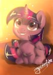  2018 absurd_res cute equine eyelashes feathered_wings feathers female feral friendship_is_magic grin hair hi_res hooves horn looking_up mammal multicolored_hair my_little_pony nude oofycolorful orange_background portrait purple_eyes purple_feathers shadow signature simple_background sitting smile solo teeth twilight_sparkle_(mlp) winged_unicorn wings 
