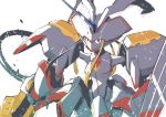  cowboy_shot darling_in_the_franxx holding holding_spear holding_weapon horn humanoid_robot koyama_shigeto looking_at_viewer mecha medium_breasts no_humans open_mouth polearm red_eyes simple_background solo spear strelizia weapon white_background 