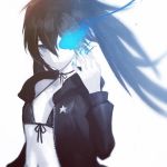  black_hair black_rock_shooter black_rock_shooter_(character) blue_eyes burning_eye coat commentary glowing glowing_eye huke instagram long_hair midriff pale_skin scar twintails uneven_twintails white_background 