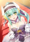  bangs bare_shoulders blush detached_collar dragon_girl dragon_horns elbow_gloves eyebrows_visible_through_hair fate/grand_order fate_(series) flower frilled_kimono frills gloves green_hair grey_kimono hair_flower hair_ornament haribote horns japanese_clothes jewelry kimono kiyohime_(fate/grand_order) long_hair looking_at_viewer necklace nose_blush obi open_mouth sash smile solo stairs white_gloves yellow_eyes yellow_flower 