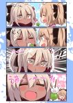  black_bow blush bow comic commentary dango dark_skin dual_persona eating fate/grand_order fate_(series) food grey_hair heart heart_eyes highres japanese_clothes kimono koha-ace multiple_girls okita_souji_(alter)_(fate) okita_souji_(fate) okita_souji_(fate)_(all) pink_kimono red_scarf scarf short_hair smile suzuki_toto translated wagashi 