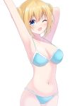  arm_behind_head arms_up bikini blend_s blonde_hair blue_bikini blue_eyes cowboy_shot frilled_bikini frills hair_bun highres hinata_kaho looking_at_viewer one_eye_closed shiratoriko short_hair simple_background solo swimsuit white_background 