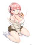  aymusk blue_eyes breasts character_request cleavage commentary_request copyright_request doughnut dress food highres large_breasts pink_hair simple_background socks thighs translation_request white_background 