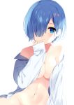  bare_shoulders blue_eyes blue_hair blush breasts closed_mouth collarbone collared_shirt commentary_request eyebrows_visible_through_hair first_aid_kit hair_over_one_eye hand_to_own_mouth hand_up highres long_sleeves looking_at_viewer mafuyu_(chibi21) medium_breasts naked_shirt navel off_shoulder open_clothes open_shirt re:zero_kara_hajimeru_isekai_seikatsu rem_(re:zero) shirt short_hair simple_background solo tareme white_background white_shirt 