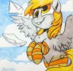  2018 biting_lip blonde_hair chest_tuft clothing cloud cute cutie_mark derp_eyes derpy_hooves_(mlp) envelope equine eyelashes feathered_wings feathers female feral flying friendship_is_magic fur grey_feathers hair hooves legwear mammal mostly_nude my_little_pony oofycolorful outside pegasus portrait signature sky smile socks solo striped_legwear striped_socks stripes teeth thigh_highs traditional_media_(artwork) tuft watercolor_(artwork) wings yellow_eyes 