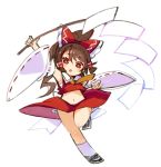  ascot bow brown_hair chibi detached_sleeves gohei hair_bow hakurei_reimu mota ponytail red red_eyes ribbon-trimmed_sleeves ribbon_trim running touhou wide_sleeves 