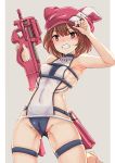  animal_ears animal_hat armpits ass_visible_through_thighs barefoot brown_hair bullpup bunny_ears casual_one-piece_swimsuit cowboy_shot grin gun hat highres kneeling llenn_(sao) looking_at_viewer multicolored multicolored_clothes multicolored_swimsuit nonoririn one-piece_swimsuit p-chan_(p-90) p90 pink_hat red_eyes short_hair smile solo submachine_gun swimsuit sword_art_online sword_art_online_alternative:_gun_gale_online thigh_strap weapon 