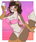  2018 alpha_channel anthro beach bikini black_hair breasts brown_claws brown_fur brown_tail canine claws cleavage clothed clothing dessert digital_media_(artwork) dipstick_tail dog fadey female floppy_ears food front_view fur hair hi_res holding_food holding_object ice_cream licking licking_lips long_hair looking_at_viewer mammal multicolored_fur multicolored_hair multicolored_tail navel one_eye_closed outside pink_bottomwear pink_clothing pink_eyes pink_hair pink_nose pink_tongue pink_topwear portrait sea seaside sky solo standing swimsuit three-quarter_portrait tongue tongue_out two_tone_hair two_tone_tail water white_fur white_tail wink zyira 