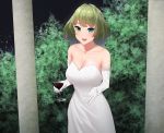  alcohol bangs bare_shoulders blue_eyes breasts brown_hair bush cleavage commentary_request cup dress drinking_glass elbow_gloves eyebrows_visible_through_hair gloves green_eyes heterochromia highres idolmaster idolmaster_cinderella_girls large_breasts mole mole_under_eye open_mouth pillar senju_(snz0) short_hair smile solo swept_bangs takagaki_kaede white_dress white_gloves wine wine_glass 