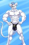  2018 5_fingers abs alien anthro biceps biker_mice_from_mars black_nose blue_background buckteeth bulge clothed clothing ear_piercing hand_on_hip hungothenomster jockstrap looking_at_viewer male mammal mouse muscular muscular_male muscular_thighs nipples piercing pose pubes red_eyes rodent simple_background solo standing teeth tight_underwear topless underwear vinnie white_skin 