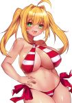  :d :q ahoge bare_arms bare_shoulders bikini blonde_hair blush breasts covered_nipples cowboy_shot criss-cross_halter dark_skin earrings fate/grand_order fate_(series) green_eyes hair_intakes halterneck hand_on_hip huge_breasts jewelry legs_together long_hair looking_at_viewer navel nero_claudius_(fate)_(all) nero_claudius_(swimsuit_caster)_(fate) open_mouth osiimi puffy_nipples red_bikini saliva side-tie_bikini simple_background smile solo striped striped_bikini swimsuit tan tongue tongue_out twintails white_background 