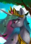  2018 absurd_res bust_portrait cloud crown crying equine eyebrows eyelashes feathered_wings feathers female feral friendship_is_magic frown hair hi_res horn leaves long_hair mammal multicolored_hair my_little_pony nude oofycolorful outside portrait princess_celestia_(mlp) purple_eyes rainbow_hair royalty sad sky solo tears tree white_feathers winged_unicorn wings 