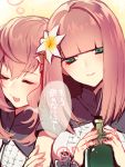  :3 :d aqua_eyes bangs blunt_bangs blush closed_mouth devola eyebrows_visible_through_hair flower hair_between_eyes hair_flower hair_ornament long_hair multiple_girls n_kamui nier_(series) nier_automata open_mouth pink_hair popola short_sleeves siblings sisters smile speech_bubble translated upper_body wavy_hair white_flower 