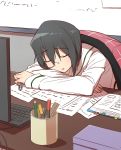  bangs black_hair blanket blouse closed_eyes commentary cup eyebrows_visible_through_hair girls_und_panzer head_rest highres holding kawashima_momo keyboard_(computer) long_sleeves monitor ooarai_school_uniform paper parted_lips pen pencil school_uniform serafuku short_hair sitting sleeping solo tsunosame white_blouse whiteboard 