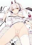  1girl :o ayanami_(azur_lane) azur_lane bare_shoulders bed_sheet blonde_hair blush blush_stickers bottle bottomless breast_slip breasts clothes_writing controller cowboy_shot dakimakura_(object) dualshock eyebrows_visible_through_hair game_controller gamepad gochou_(atemonai_heya) groin hagirussia_(sanyanyanya) hair_between_eyes hair_ornament half-closed_eyes hand_up headgear headphones highres long_hair looking_at_viewer lying navel niconico nipples off-shoulder_shirt on_back orange_eyes parted_lips pillow platinum_blonde playstation_controller ponytail see-through shiny shiny_hair shirt short_sleeves side_ponytail silver_hair simple_background single_thighhigh small_breasts solo stomach stuffed_toy tablet thighhighs thighs third-party_edit uncensored underwear white_background white_legwear white_shirt 