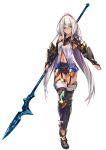  absurdres baffu bare_shoulders blue_eyes breasts commentary dark_skin full_body garter_straps heterochromia highres holding holding_weapon long_hair looking_at_viewer navel original polearm purple_eyes silver_hair small_breasts solo spear thighhighs transparent_background weapon 