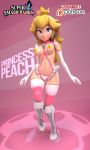  1girl 3d alternate_costume bare_shoulders blonde_hair blue_eyes boots breasts character_name crisisbeat crown earrings elbow_gloves erect_nipples frilled_skirt full_body lips long_hair mario_(series) medium_breasts navel patreon_username princess_peach revealing_clothes skirt smile solo super_mario_bros. super_smash_bros. thighhighs watermark 