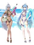  alternate_costume android blue_hair breasts cleavage commentary_request cyborg kos-mos long_hair multiple_girls oto_nagi red_eyes smile swimsuit t-elos xenosaga xenosaga_episode_iii 