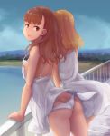  abubu arm_support ass brown_hair butt_crack dress from_behind long_hair looking_back multiple_girls nipples no_bra panties railing river shoulder_blades skindentation sky sundress underwear water wind 