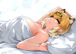  animal_ears arm_support bangs blanket breasts cleavage collarbone commentary eyebrows_visible_through_hair from_side happa_(cloverppd) jaguar_(kemono_friends) jaguar_ears jaguar_print kemono_friends large_breasts lips looking_at_viewer looking_to_the_side lying naked_sheet on_back pillow short_hair sidelocks signature sky smile solo under_covers 