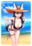  absurdres alternate_costume animal_ears bare_shoulders beach bent_over bikini_top black_hair blue_eyes bracelet breasts collarbone commentary_request day earrings fang grey_hair grey_wolf_(kemono_friends) hands_on_hips hat heterochromia highres jewelry kemono_friends large_breasts legband long_hair looking_at_viewer multicolored_hair ocean ponta_(matsuokazieg) sand short_shorts shorts signature sky straw_hat sun_hat swimsuit tail white_hair wolf_ears wolf_tail yellow_eyes 