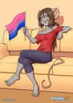  2016 4_toes 5_fingers anthro barefoot bi_pride bisexual_flag breasts brown_eyes brown_hair clothed clothing eyebrows eyelashes female flag fur gay_pride grey_fur hair keiron_white mammal mouse ponytail pride_flag rodent sam_rodoric sitting small_breasts sofa solo toes 