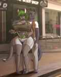  2018 big_breasts big_butt breasts butt clothing concerned couple_(disambiguation) dragon elberik fake_breasts female green_hair hair horn huge_breasts huge_butt hyper_lips makeup male puffy_lips smile standing virdi vrabo 