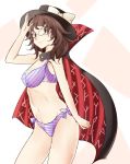  adapted_costume bikini breasts brown_hair cape commentary_request glasses hat jyaoh0731 looking_at_viewer medium_breasts short_twintails simple_background solo swimsuit touhou twintails usami_sumireko wavy_hair 