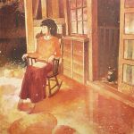  armchair brown_eyes brown_hair chair closed_mouth collared_shirt commentary_request dog door gemi long_sleeves orange_(color) original plant porch potted_plant red_skirt rocking_chair shirt sitting skirt solo white_shirt window wing_collar 