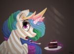  2017 bust_portrait cake closet crown cute dark dessert eating equine eyebrows eyelashes feathered_wings feathers female feral food fork friendship_is_magic grey_background hair hi_res horn levitation long_hair magic mammal multicolored_hair my_little_pony nude open_mouth plate portrait princess_celestia_(mlp) purple_eyes rainbow_hair royalty signature simple_background solo teeth thefloatingtree tongue white_feathers winged_unicorn wings 