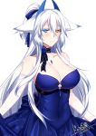  animal_ears black_choker blue_dress blue_eyes blue_ribbon breasts choker cleavage commentary_request dated dress fox_ears hair_ribbon heterochromia horns huge_breasts konshin long_hair looking_at_viewer orange_eyes orie_hakua original parted_lips ribbon signature simple_background solo very_long_hair white_background white_hair 