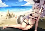  absurdres arm_support arm_up armpits ball beach beach_mat beachball bikini bird black_bikini blue_sky bow bowtie breasts chrisandita cleavage commentary cooler day detached_collar five-seven_(girls_frontline) front-tie_bikini front-tie_top girls_frontline hair_ornament highres long_hair looking_at_viewer multi-strapped_bikini navel ocean off_shoulder one_eye_closed outdoors ponytail ribbon sand sand_castle sand_sculpture side-tie_bikini signature silver_hair sitting skindentation sky smile solo swimsuit thigh_ribbon umbrella waves 