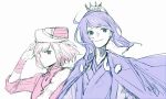  1girl bandages blue_hair cloak expressionless fur_hat hair_ornament hand_on_own_head hat highres japanese_clothes kairi_(murasaki) looking_at_viewer murasaki_(game) pink_hair satsuki_(murasaki) shironojiro short_hair sketch smile tibetan_clothes upper_body white_background 