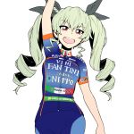  anchovy arm_up bangs bike_jersey bike_shorts black_ribbon blue_shirt blue_shorts clothes_writing commentary_request cowboy_shot drill_hair eyebrows_visible_through_hair girls_und_panzer green_hair hair_ribbon highres italian italian_flag italy japanese_flag logo long_hair looking_at_viewer muted_color nippo_vini_fantini onsen_tamago_(hs_egg) open_mouth red_eyes ribbon shirt short_sleeves shorts simple_background smile solo standing translation_request twin_drills twintails v-shaped_eyebrows white_background zipper zipper_pull_tab 