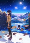  black_legwear blue_eyes blue_hair blue_skirt blue_sky commentary_request fish flying_fish gemi looking_at_viewer looking_back original pleated_skirt shoes skirt sky solo standing star_(sky) starry_sky sun thighhighs zettai_ryouiki 