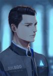  ame_(conronca) android black_neckwear brown_eyes brown_hair closed_mouth commentary connor_(detroit) detroit:_become_human expressionless grey_jacket jacket looking_to_the_side male_focus solo upper_body 