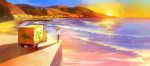  black_hair clover commentary_request four-leaf_clover from_side gemi ground_vehicle highres horizon motor_vehicle ocean original outdoors pants pier ponytail purple_pants scenery shadow shirt short_sleeves solo standing stretch sun sunset van waves white_shirt 