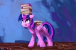  2018 adorkable blue_background book cute cutie_mark equine eyelashes feathered_wings feathers female feral floppy_ears friendship_is_magic hair hooves horn looking_up mammal multicolored_hair my_little_pony nude portrait purple_eyes purple_feathers signature simple_background solo standing thefloatingtree tongue tongue_out twilight_sparkle_(mlp) winged_unicorn wings 
