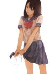  black_eyes black_hair blue_sailor_collar bow bowtie commentary_request gemi looking_at_viewer original parted_lips pleated_skirt purple_skirt red_neckwear sailor_collar school_uniform serafuku shirt short_sleeves simple_background skirt smile solo standing white_background white_shirt wringing_clothes 