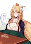  animal_ears blonde_hair blush breasts cleavage commentary_request eyebrows_visible_through_hair flying_sweatdrops food fox_ears fox_tail fruit konshin kotatsu large_breasts long_hair mandarin_orange orange_eyes original ribbed_sweater simple_background solo sweater table tail translation_request white_background 
