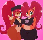  2018 5_fingers anthro ape bandicoot big_breasts blush bottomless breast_squish breasts breasts_frottage cleavage clothed clothing coco_bandicoot crash_bandicoot_(series) crop_top crossover deep_navel digital_media_(artwork) dixie_kong donkey_kong_(series) duo ear_piercing featureless_crotch female green_eyes hair hi_res looking_at_viewer mammal marsupial midriff navel nintendo one_eye_closed pants piercing primate red_hair shirt smile sssonic2 thick_thighs tongue tongue_out v_sign video_games voluptuous wide_hips wink 